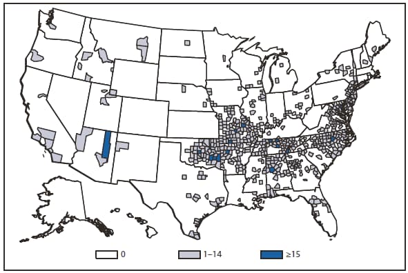 SPOTTED FEVER RICKETTSIOSIS - The figure is a map that presents the number of spotted fever rickettsiosis cases by county in the United States in 2010.